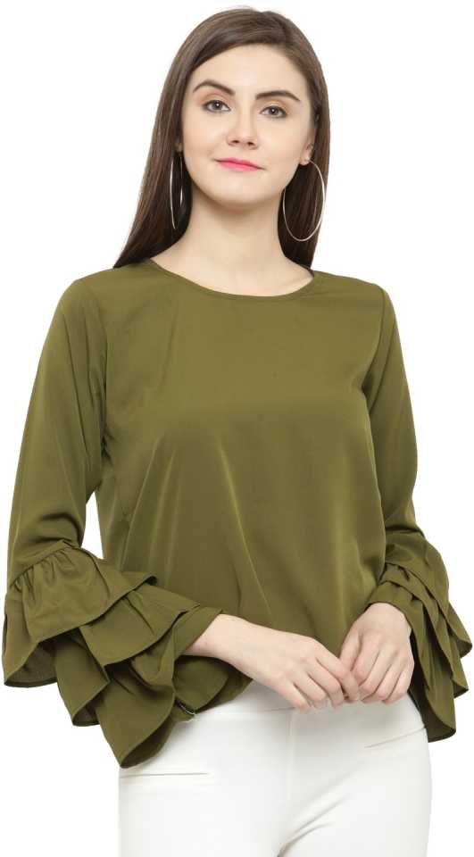 TANDUL  Casual Bell Sleeves Solid Women Dark Green Top