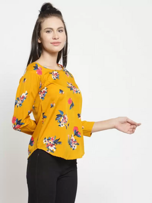 TANDUL  Casual Regular Sleeves Floral Print Women Yellow Top