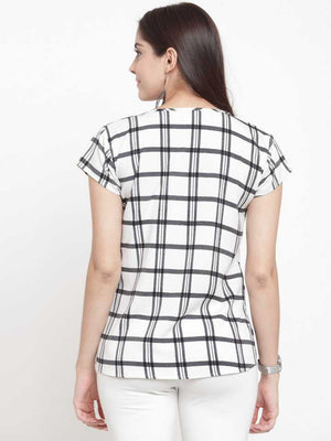 TANDUL  Casual Cap Sleeves Checkered Women White Top