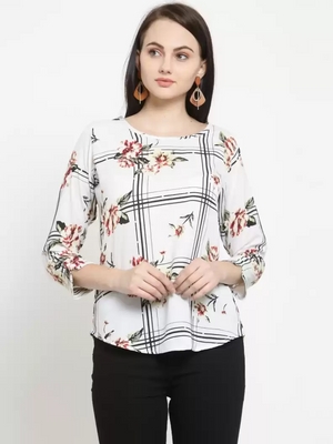 TANDUL  Casual Regular Sleeves Floral Print Women White Top