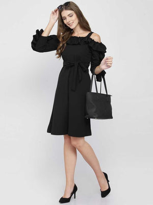 Women Ruffled Black Dress