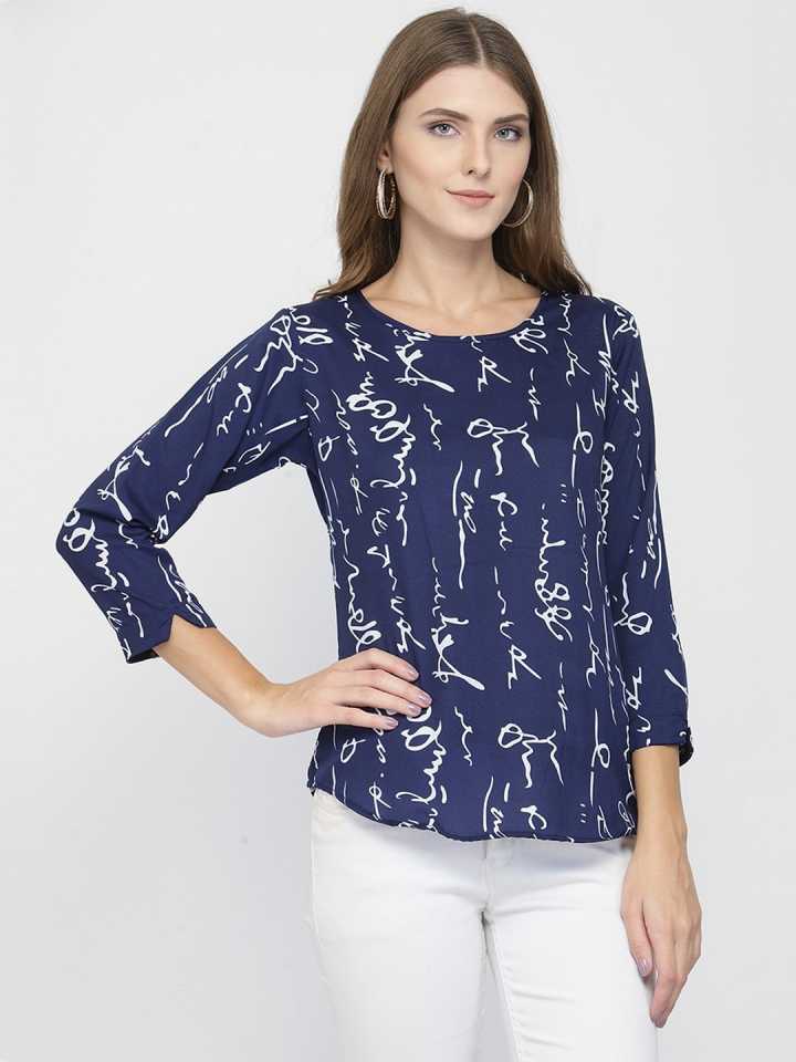 Casual Regular Sleeves Printed Women Blue Top