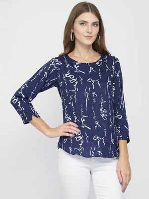 Casual Regular Sleeves Printed Women Blue Top