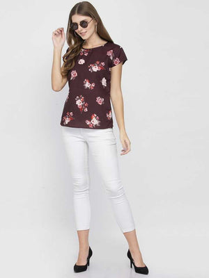 TANDUL  Casual Regular Sleeves Floral Print Women Brown Top