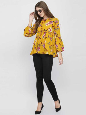 Casual Bell Sleeves Printed Women Yellow Top