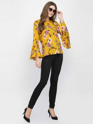 Casual Bell Sleeves Floral Print Women Yellow Top