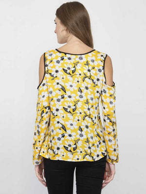 TANDUL  Casual Cold Shoulder Sleeves Floral Print Women Yellow Top