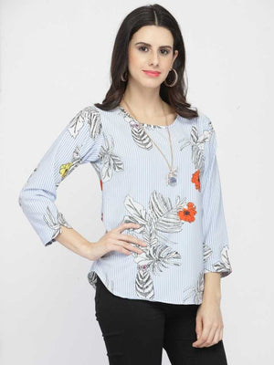 Casual Regular Sleeves Printed Women Blue Top