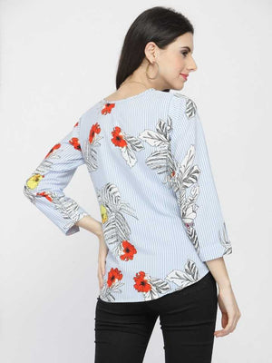 Casual Regular Sleeves Printed Women Blue Top