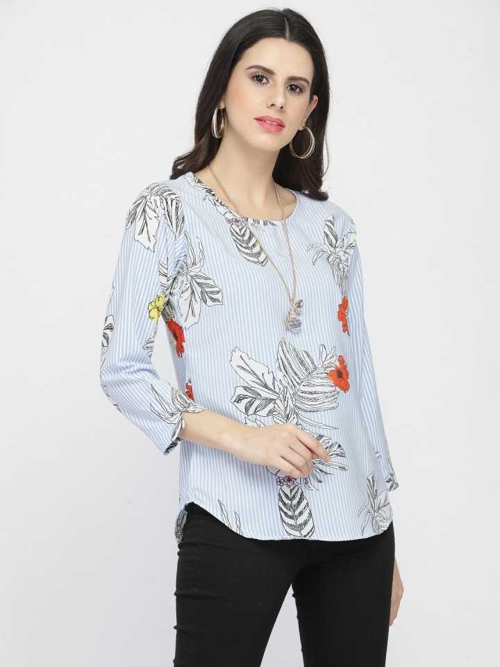 Casual Regular Sleeves Printed Women Blue Top