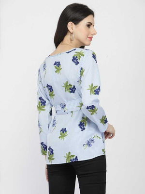 Casual Regular Sleeves Printed Women Light Blue Top