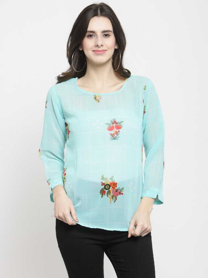 Casual Regular Sleeves Printed Women Blue Top