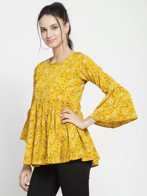 ZARVEY  Casual Bell Sleeves Printed Women Yellow Top