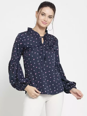 Casual Puff Sleeves Printed Women Blue Top