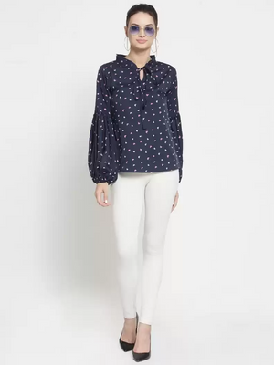 Casual Puff Sleeves Printed Women Blue Top