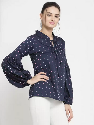 Casual Puff Sleeves Printed Women Blue Top