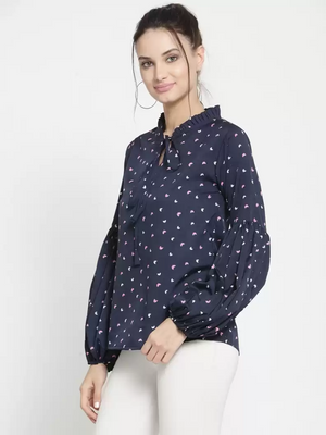 Casual Puff Sleeves Printed Women Blue Top