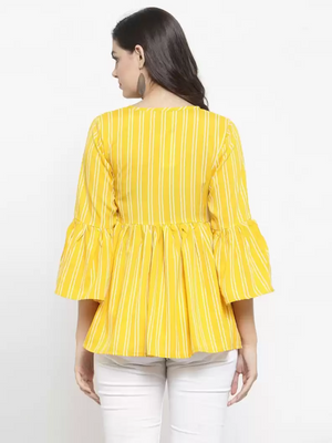 TANDUL  Casual Bell Sleeves Striped Women Yellow Top
