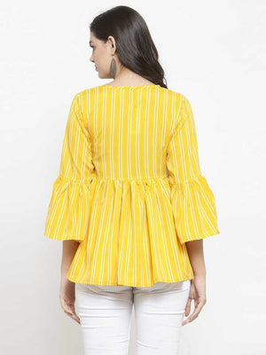 TANDUL  Casual Bell Sleeves Striped Women Yellow Top