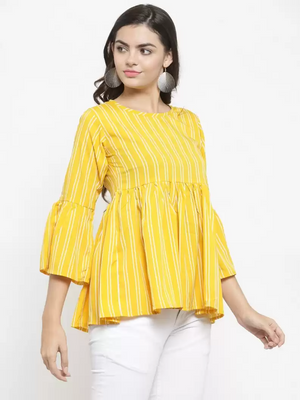 TANDUL  Casual Bell Sleeves Striped Women Yellow Top
