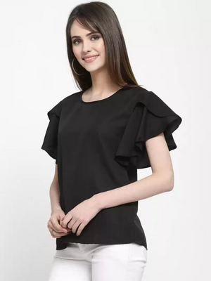 TANDUL  Casual Petal Sleeves Solid Women Black Top