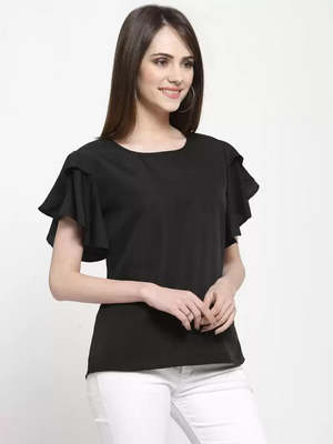 TANDUL  Casual Petal Sleeves Solid Women Black Top
