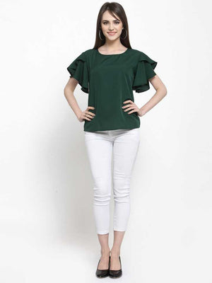 TANDUL  Casual Petal Sleeves Solid Women Dark Green Top
