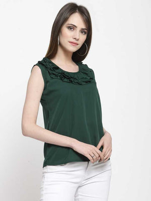 TANDUL  Casual Sleeveless Solid Women Dark Green Top