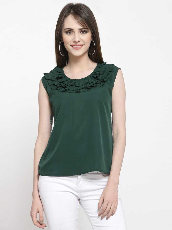 TANDUL  Casual Sleeveless Solid Women Dark Green Top