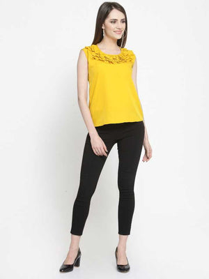 TANDUL  Casual Sleeveless Solid Women Yellow Top