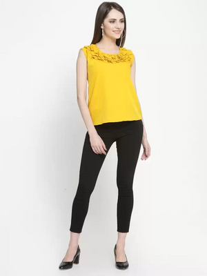 TANDUL  Casual Sleeveless Solid Women Yellow Top