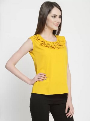 TANDUL  Casual Sleeveless Solid Women Yellow Top