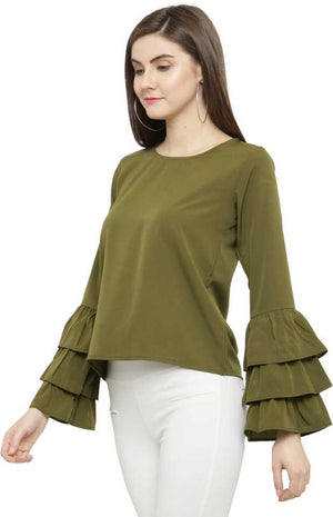 TANDUL  Casual Bell Sleeves Solid Women Dark Green Top