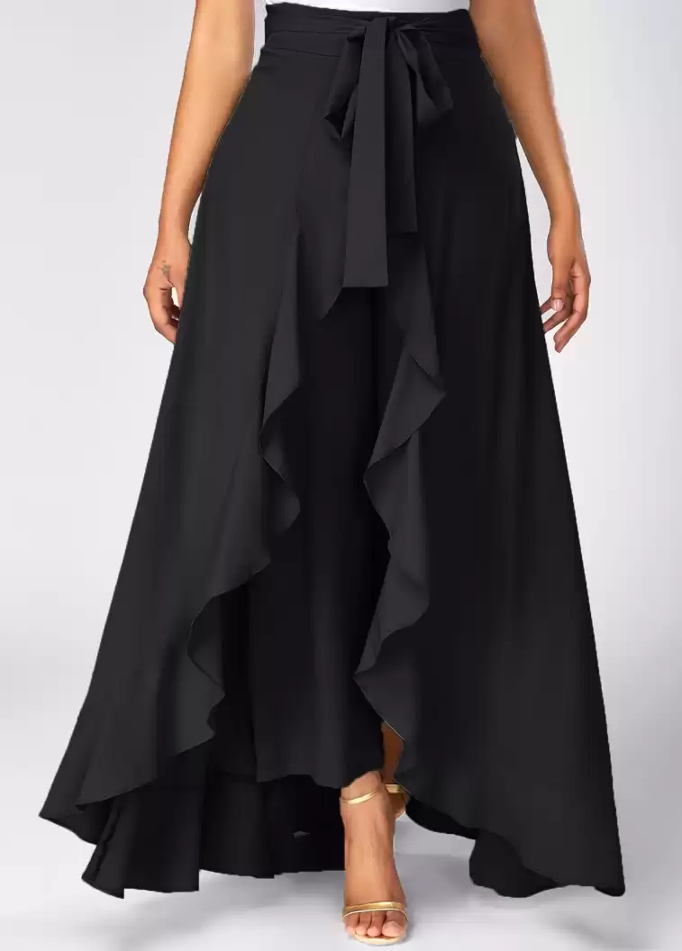 TANDUL  Flared Women Black Poly Crepe Trousers