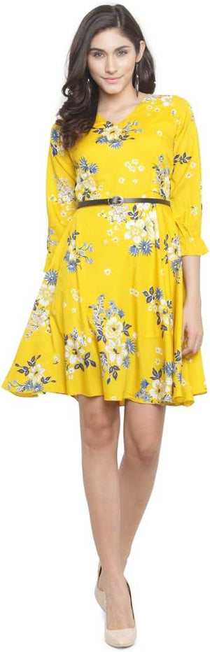 Women Fit and Flare Yellow Dress