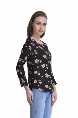 TANDUL  Casual Slit Sleeves Floral Print Women Black Top