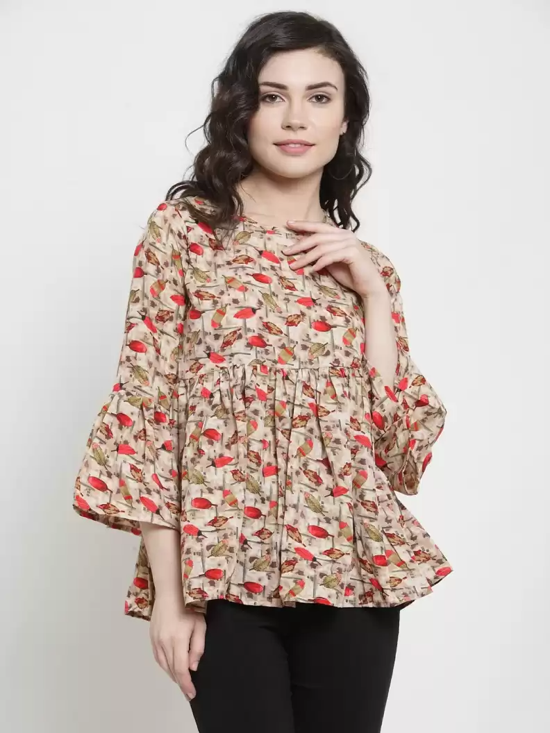 TANDUL  Casual Bell Sleeves Printed Women Red, Beige Top