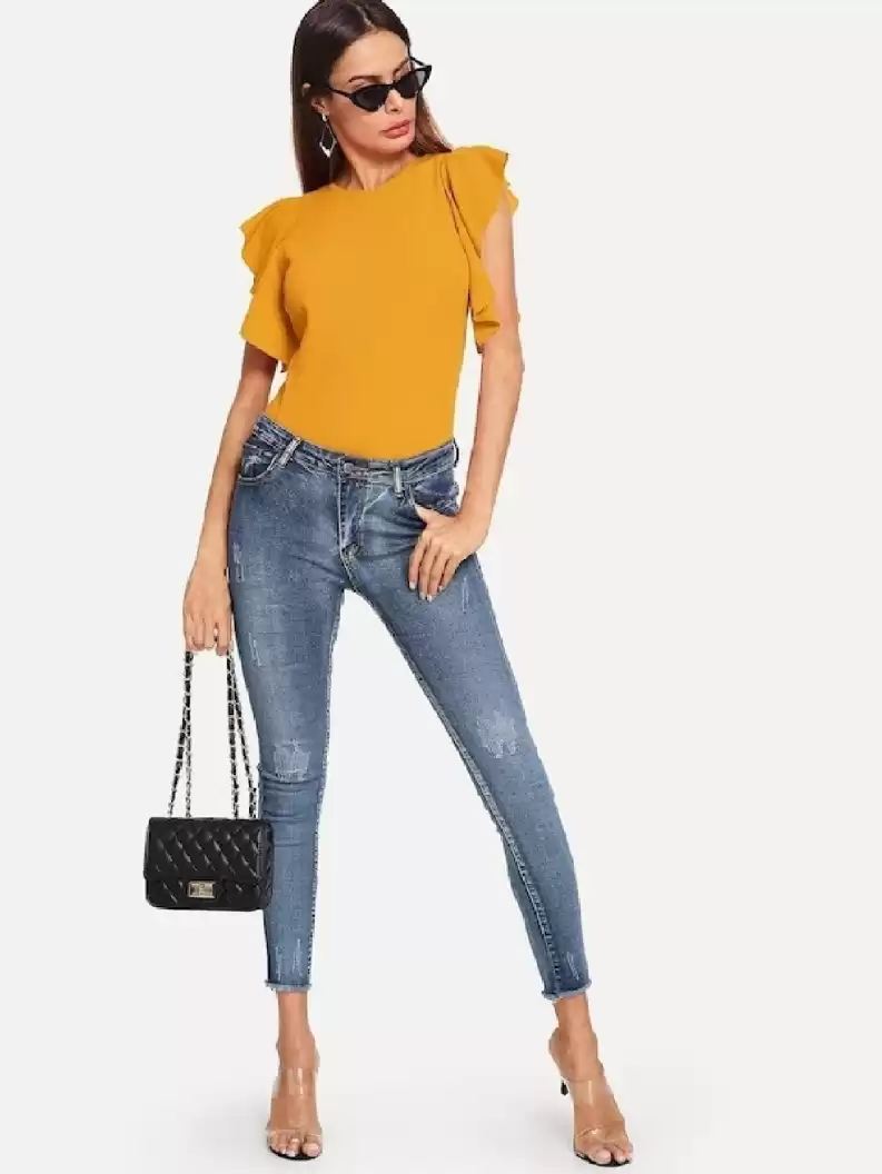 TANDUL  Casual Bell Sleeves Solid Women Yellow Top