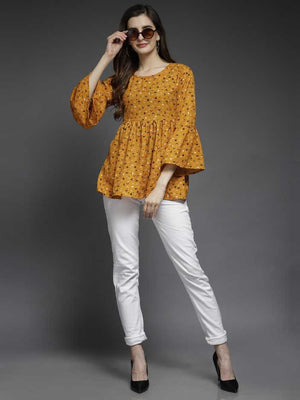 Casual Bell Sleeves Printed Women Multicolor Top