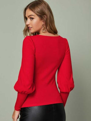 TANDUL  Casual Puff Sleeves Solid Women Red Top
