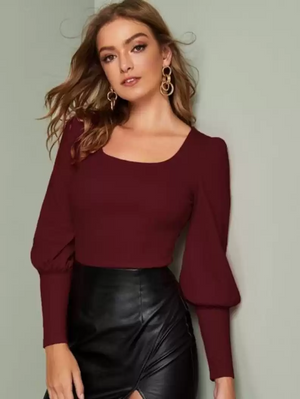 TANDUL  Casual Puff Sleeves Solid Women Maroon Top