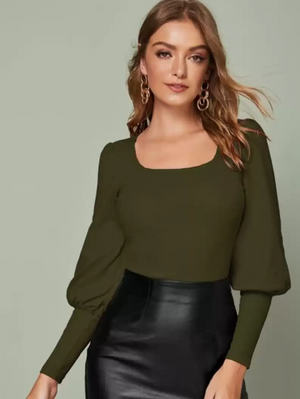 TANDUL  Casual Puff Sleeves Solid Women Green Top