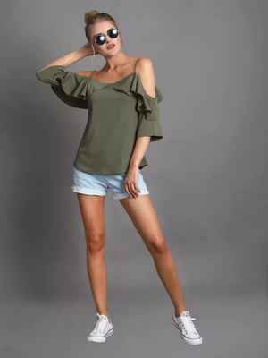TANDUL  Casual Cold Shoulder Sleeves Solid Women Green Top