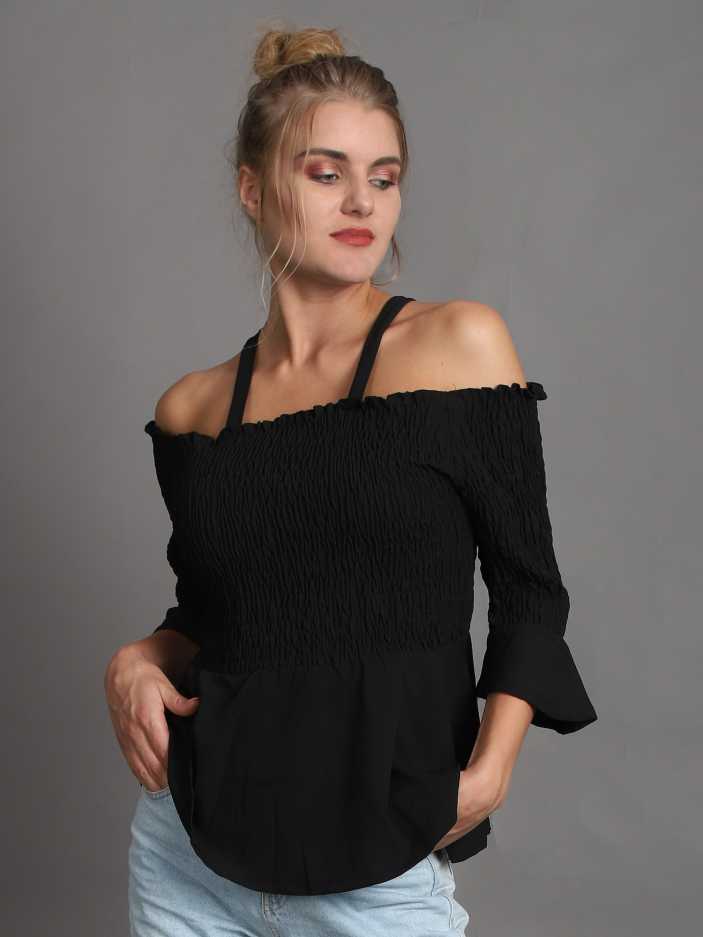 Casual Regular Sleeves Solid Women Black Top