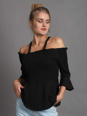 Casual Regular Sleeves Solid Women Black Top