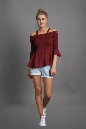 TANDUL  Casual Regular Sleeves Solid Women Maroon Top