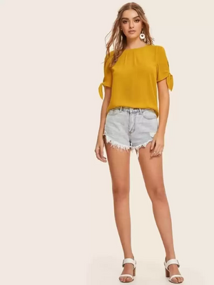 TANDUL  Casual Regular Sleeves Solid Women Yellow Top
