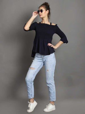 Casual Regular Sleeves Solid Women Blue Top
