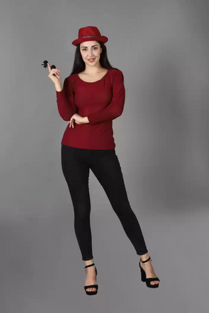TANDUL  Casual Regular Sleeves Solid Women Maroon Top With Mask