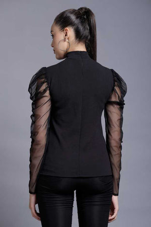 Casual Puff Sleeves Self Design, Solid Women Black Top